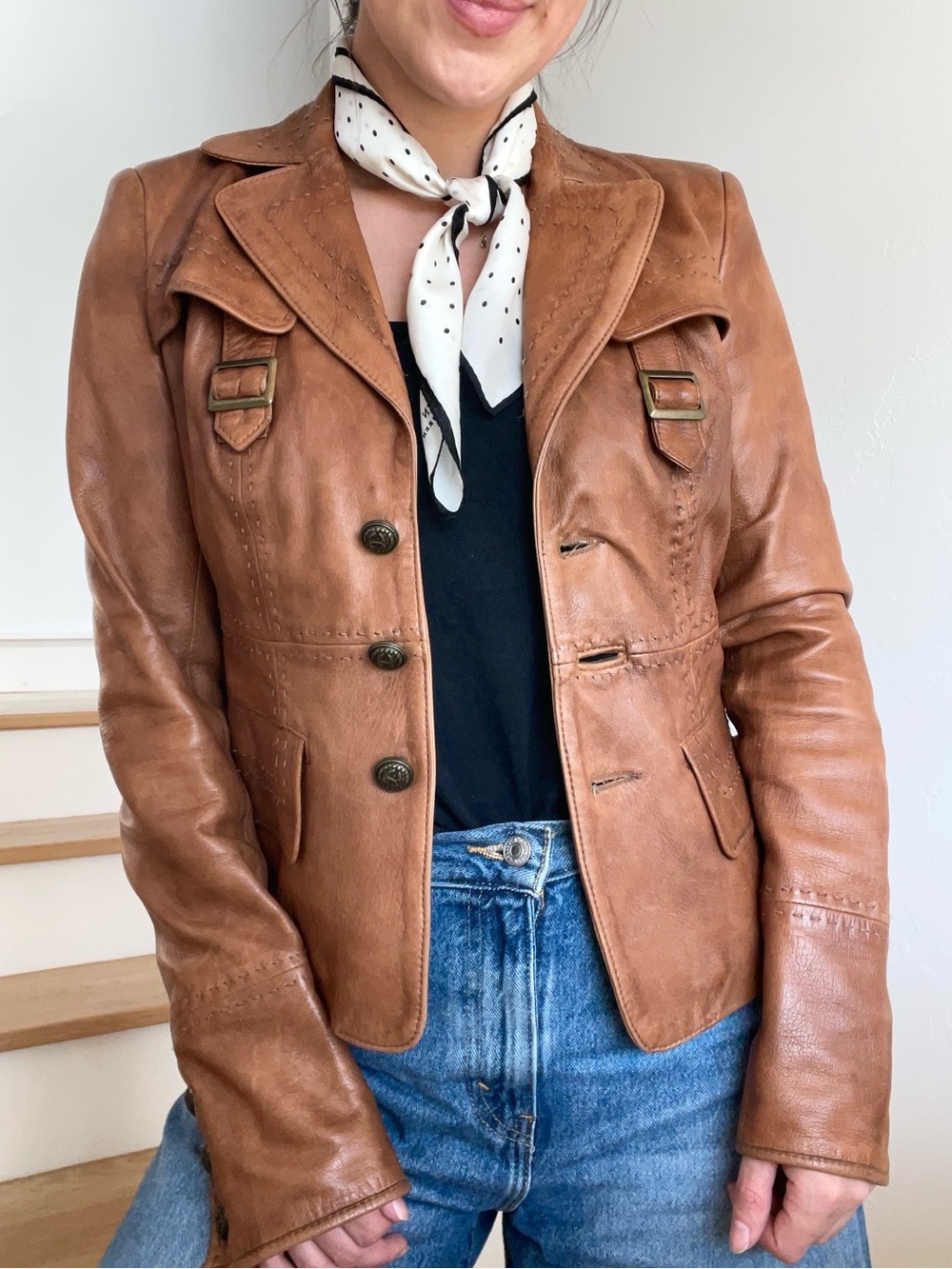 Just Cavalli Brown Tan Leather Military Moto Buckle Stitched Blazer Jacket Coat